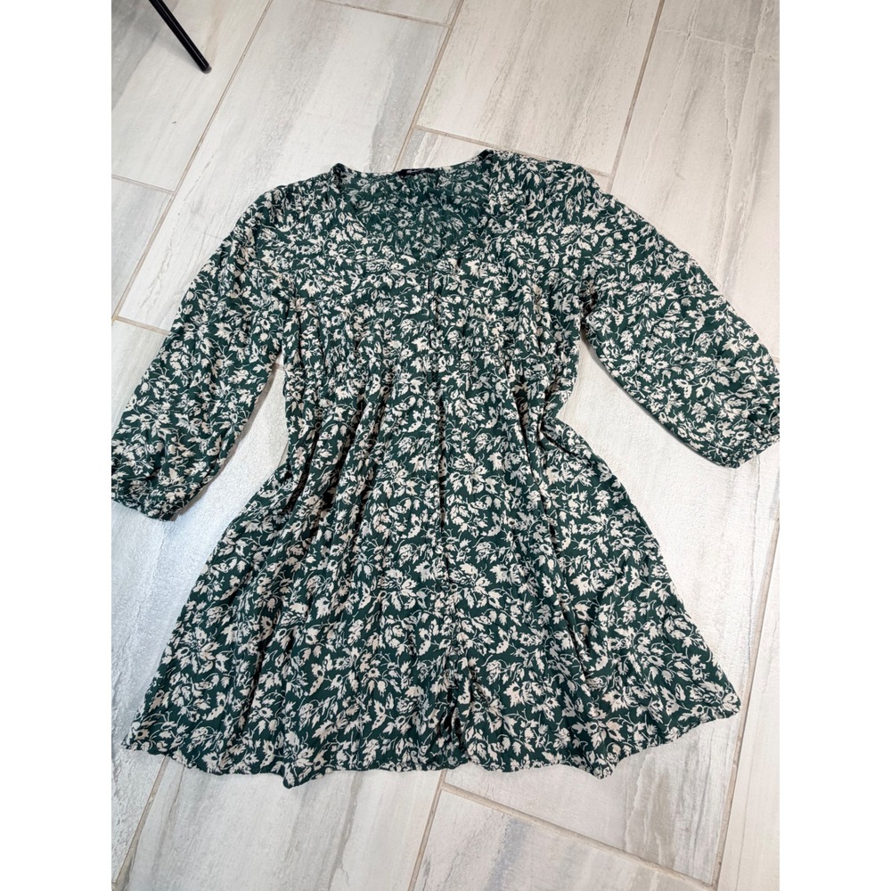 Madewell Green Floral V-Neck Button Front Mini Dress Size M Long Sleeve Viscose